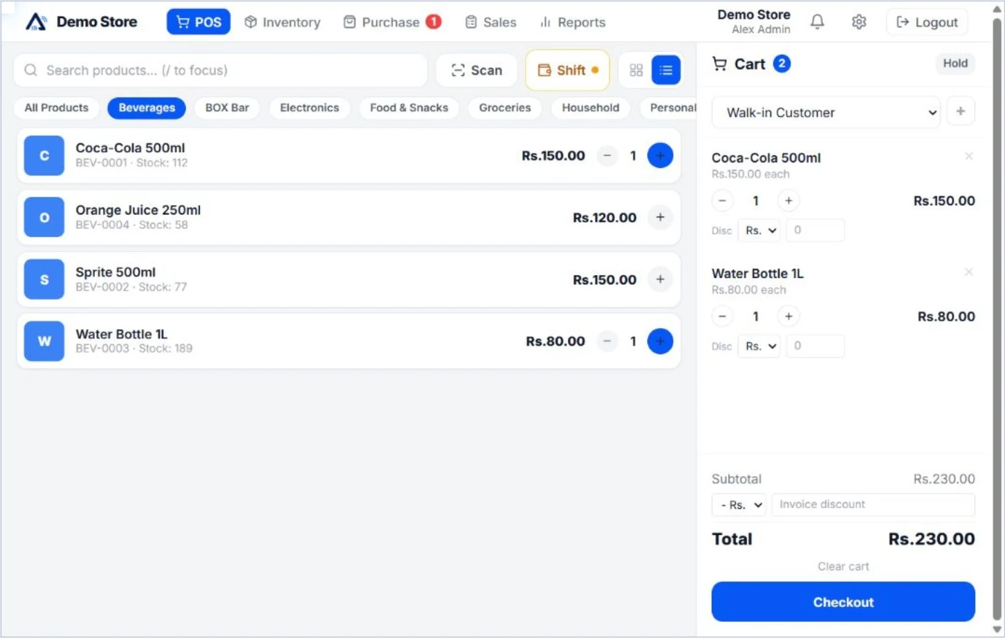 Actual Aroha POS checkout screen showing product selection and the customer cart