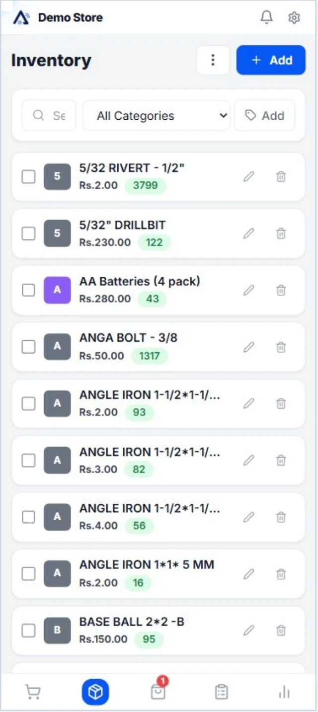 Actual Aroha mobile inventory interface