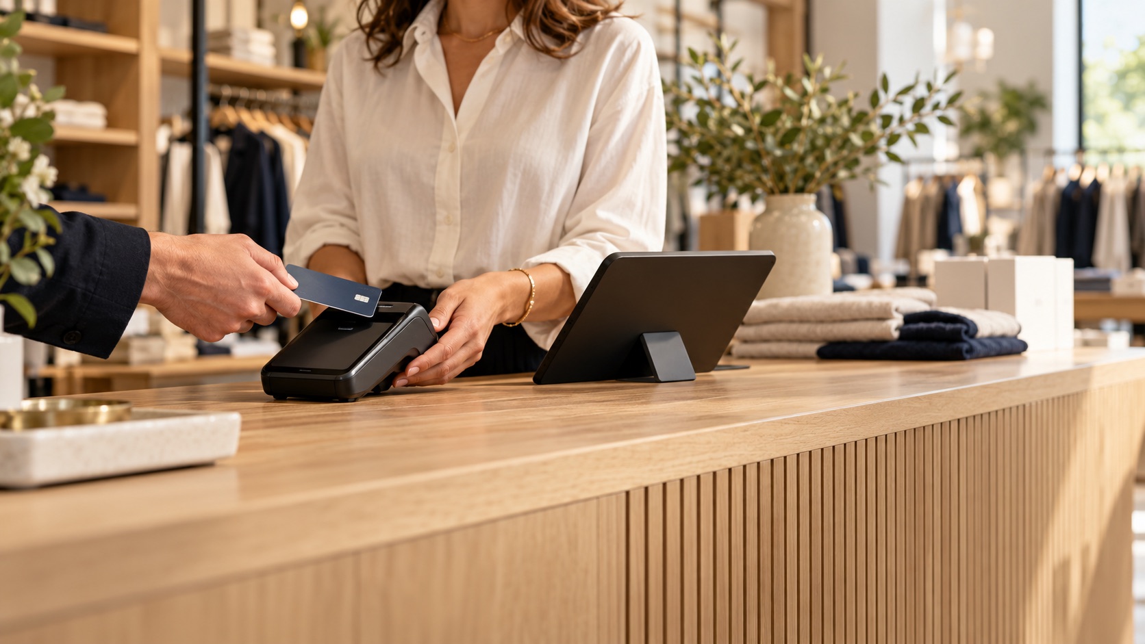 Illustrative retail checkout scene with a shopkeeper and customer making a card payment